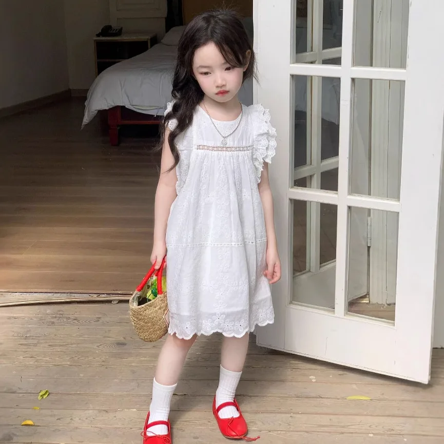 

Girls Skirt 2025 Summer New Childrens Clothes Korean Style Baby Girls Sweet Lace Princess Dress Casual Simple and Daily
