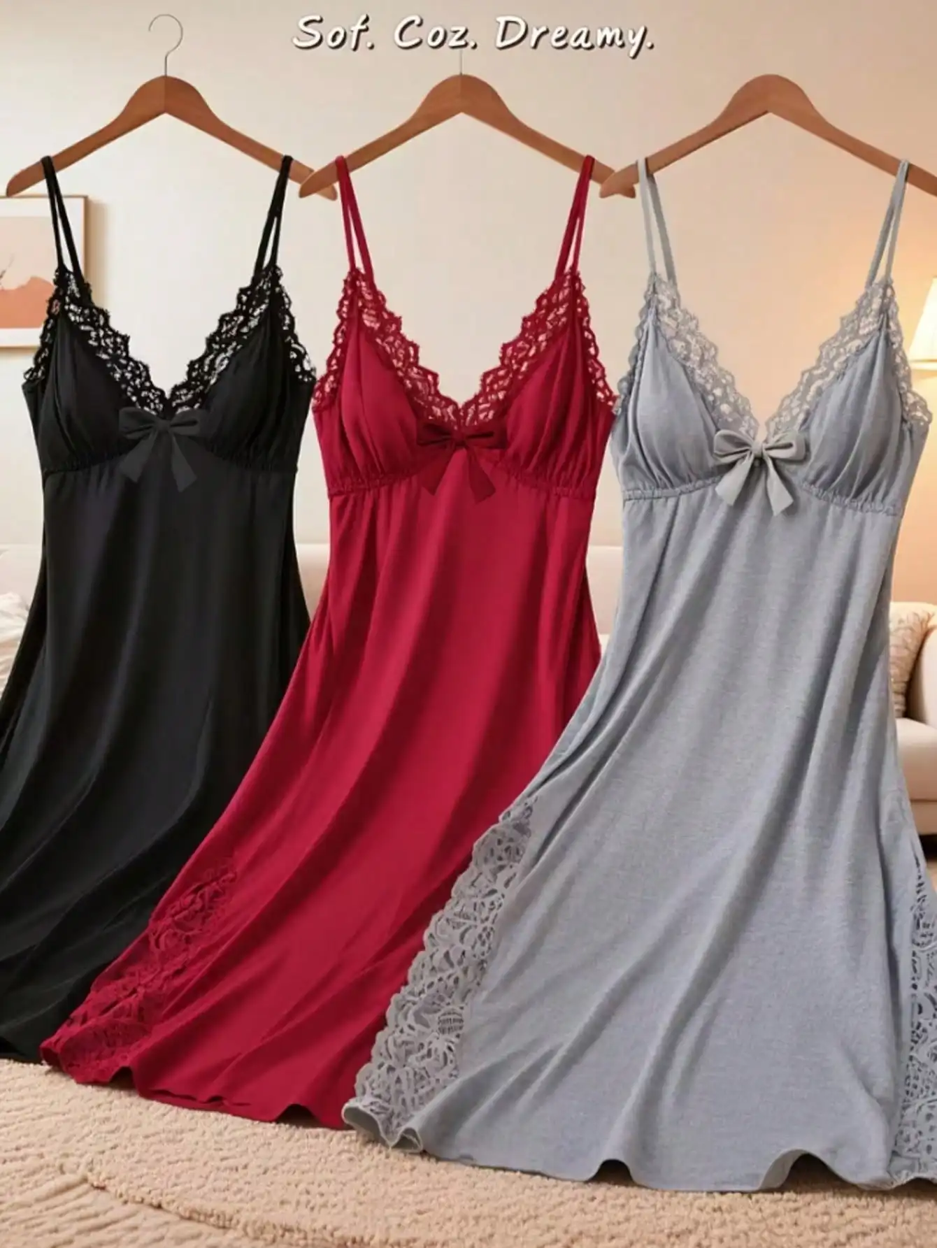 

3-Pack Lace Trim Nightdress Set for Women - V-Neck Slip Dress with Bow Detail