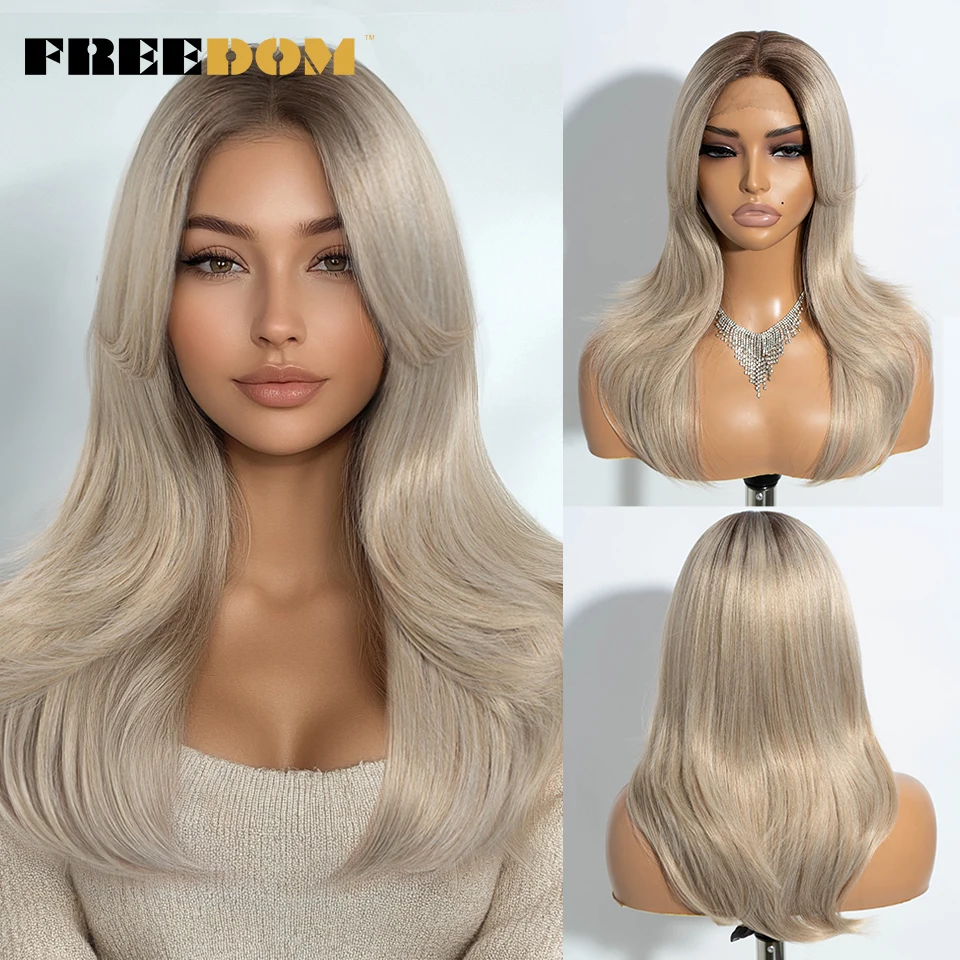 FREEDOM Synthetic Lace Front Wig Straight Ombre Blonde Brown Lace Wigs For Women 20 Inch Lace Wig With Bangs Cosplay Lace Wig