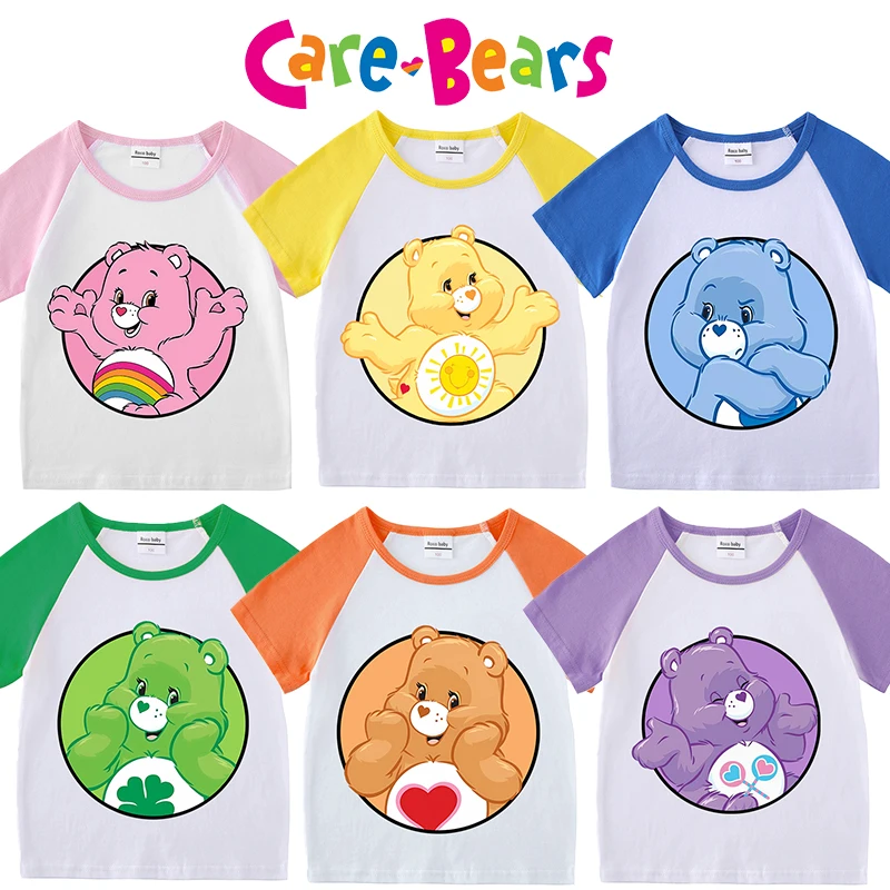 

Care Bears Share Bear Cheer Bear T-shirt Summer Clothes Kawaii Anime Figures Short Sleeve Kid Casual Cotton Tee Clothing Gifts