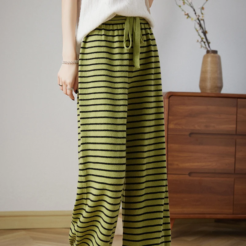Black-and-white striped pure wool knitted wide-leg pants women wear high waist and slim straight versatile loose casual mop pant