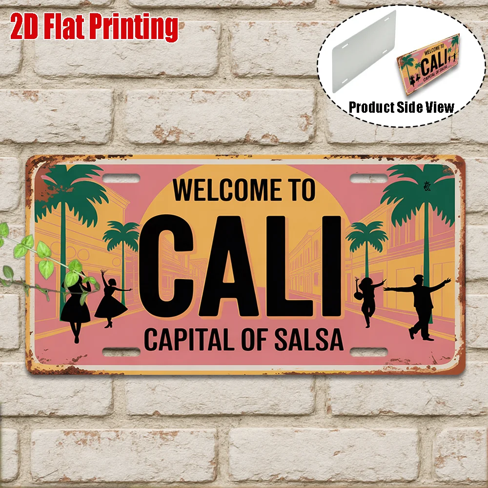 HD Aluminum Metal Sign, Welcome to Cali Capital of Salsa Vintage License Plate Style Wall Decor, Retro Colombian Salsa Dancer Pa