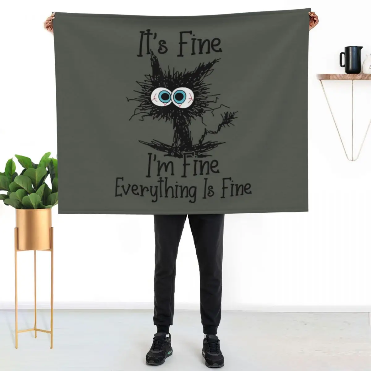 Its Fine Im Fine Everything Is Fine Funny Black Cat Throw Blanket Hairy Thins decorative Soft Big blankets and throws Blankets
