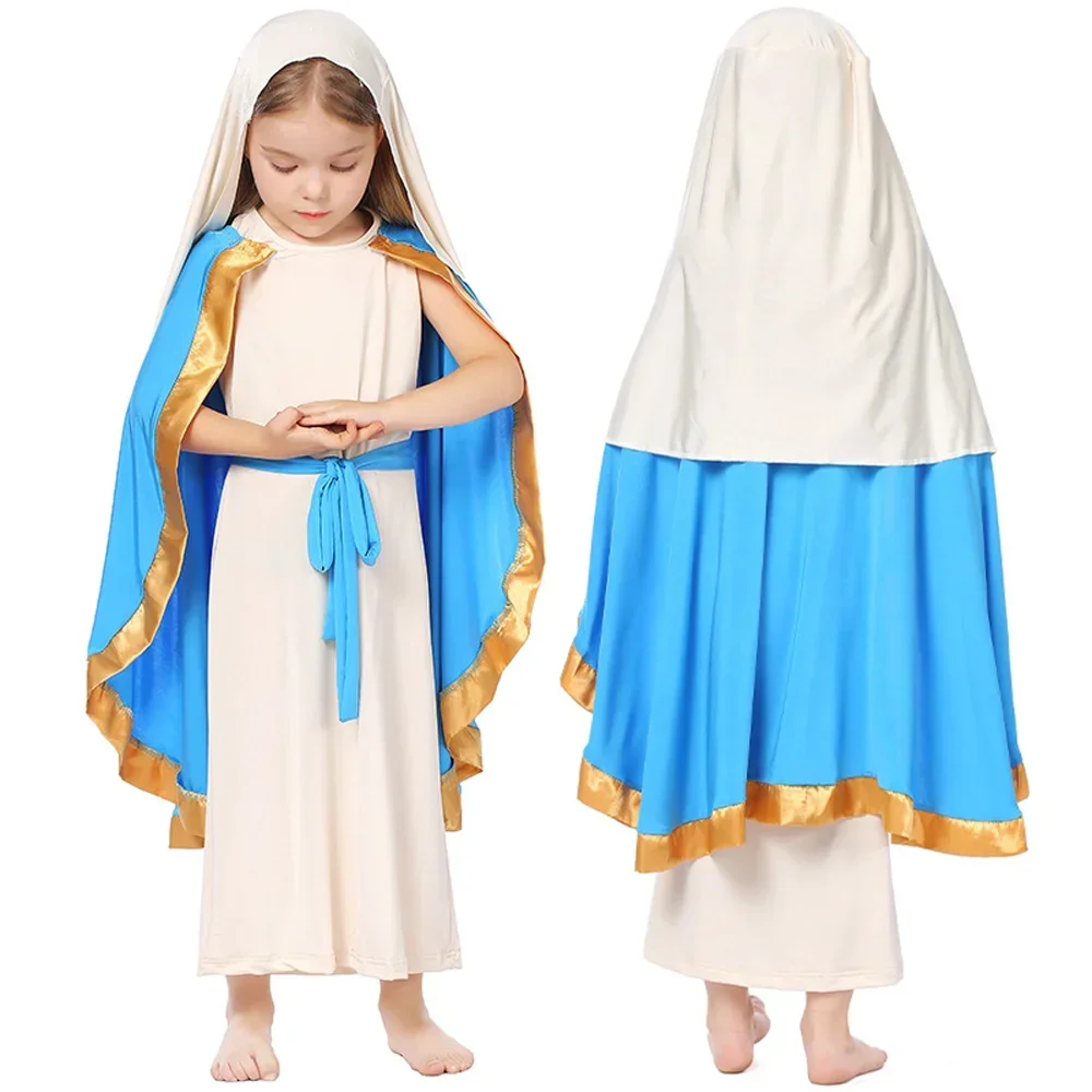 فستان مريم العذراء التنكري بدون أكمام للنساء والفتيات بغطاء للرأس كريستيان بيبليكال نون كاهن زي فستان الهالوين