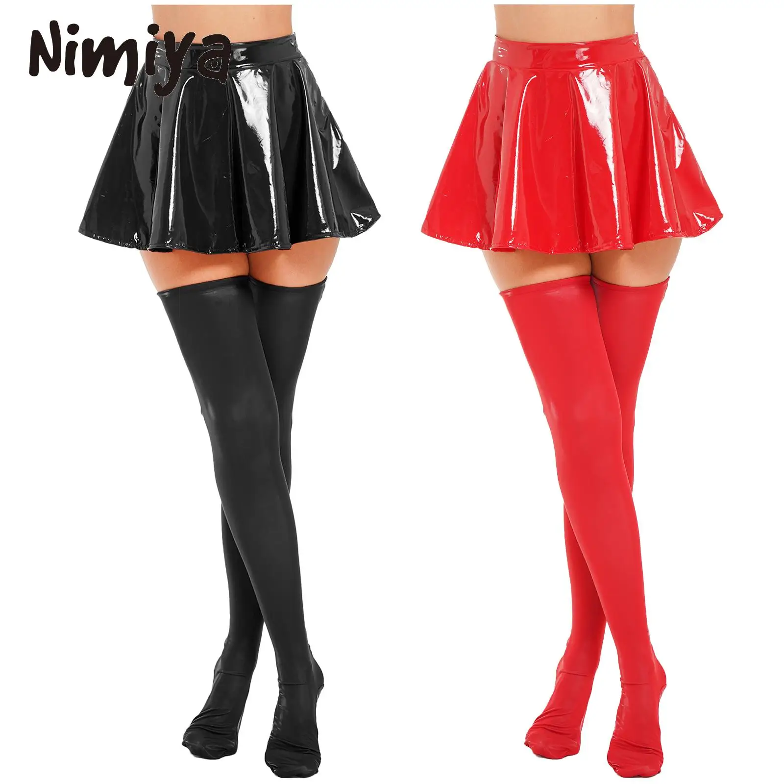 

Womens Invisible Zipper A-Line Mini Skirts with Thigh High Stockings Glossy Patent Leather Flared Skirt for Date Party Club Bar