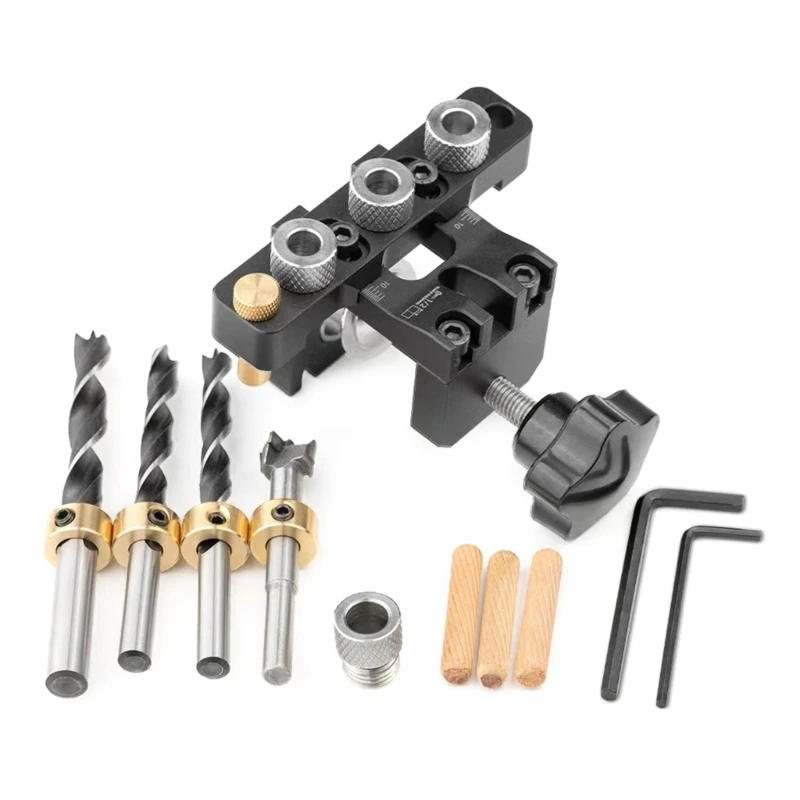 M17D 3 in 1 Drilling Locator Puncher Tool,Doweling Jig Drill Kits with 8/10/15mm Hole,Pocket Hole Jig Kits,3 Holes Joints Tool