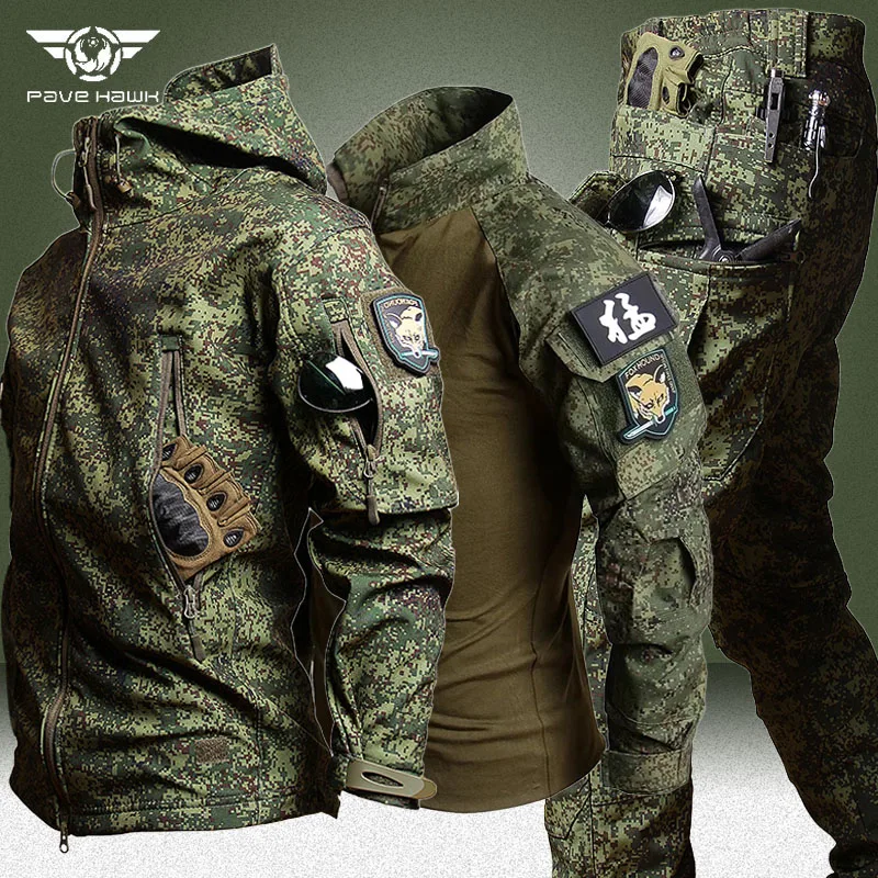 RU Camo Waterproof 3 Pcs Sets Men Winter Fleece Hooded Jacket+Breathable Long Sleeve Tshirts+Straight Cargo Pant Soft Shell Suit