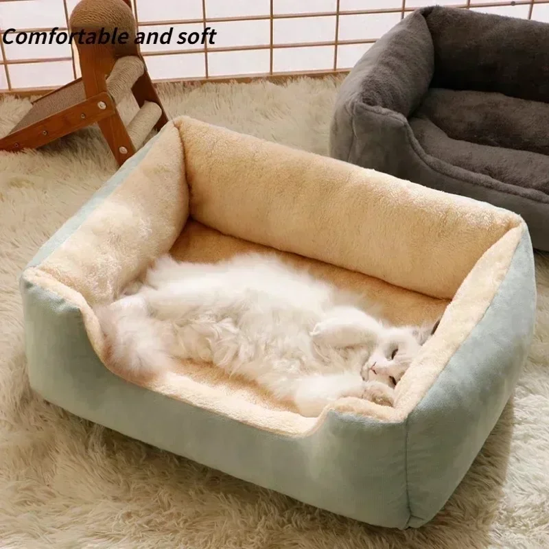 Pluizig verdikt kattenbed Vierkant warm comfortabel huisdierenkussen met antislipbasis Groot zacht hondennest Winter dierbenodigdheden