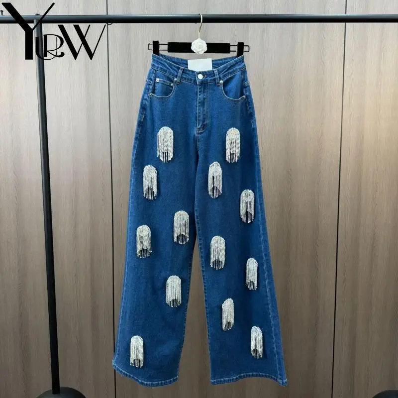 YUERWANG Frauen Jeans 2025, Frühling Herbst Diamant Quaste Design Gerade Jeans Mode Alle Spiel Lose Beiläufige Lange Denim Hosen Neue