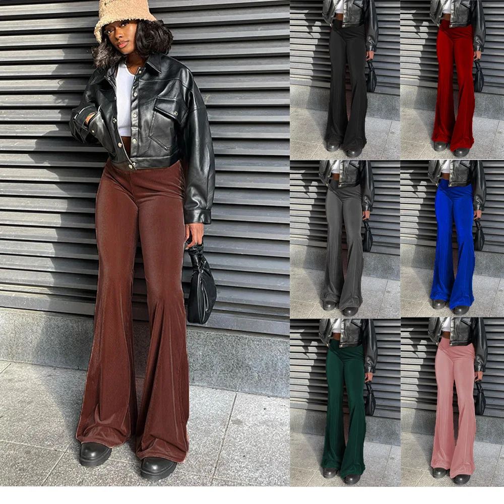 Cross-border New Solid Color Velvet Rubber Band High Waist and Thin Casual Micro-pull Pants Women's Fashion Trousers Cw92378