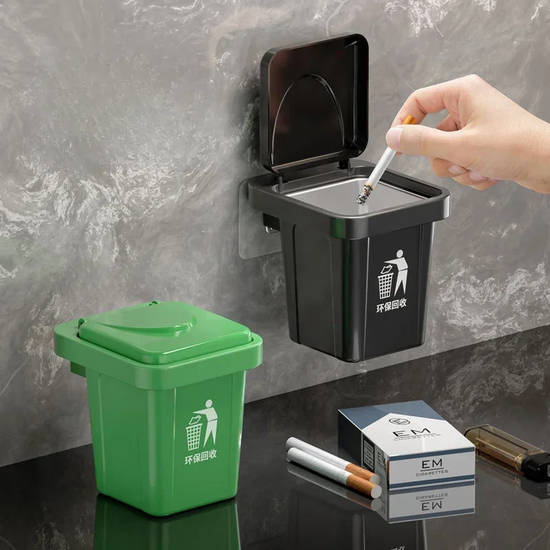 Trash can ashtray with lid, stainless steel ashtray, bathroom wall hanging, notch anti-fly ash ashtray