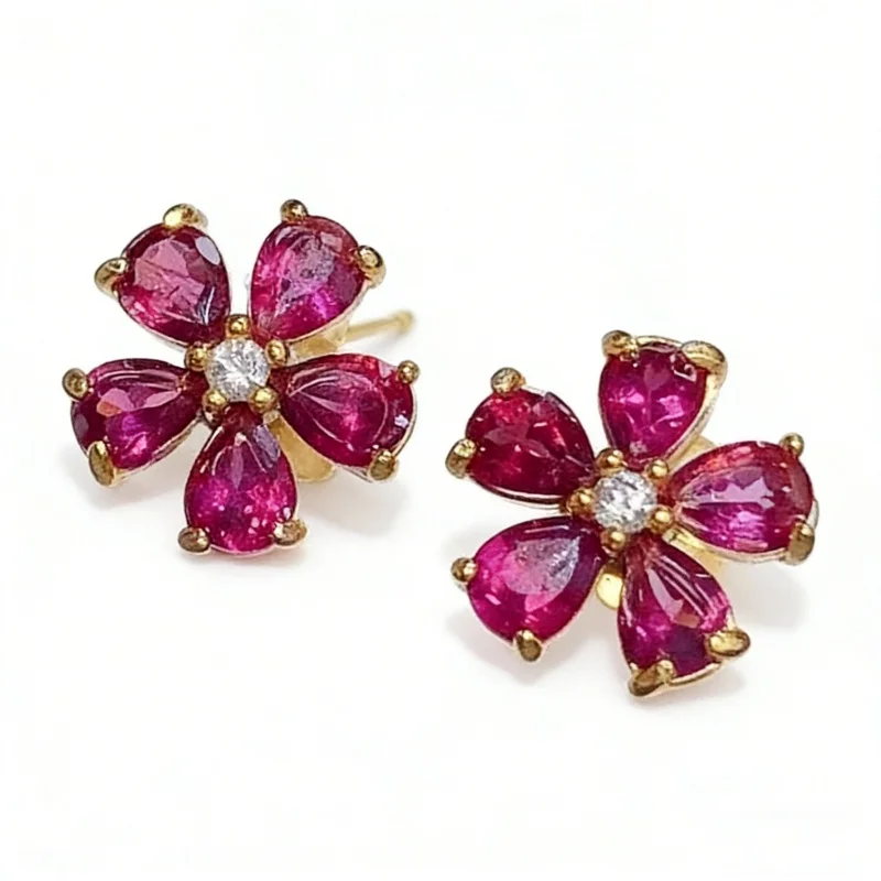 S925 Gold Plated Natural Pyrope Garnet Stud Earrings 3*4mm Pear CZ Flower Women Jewelry Gift