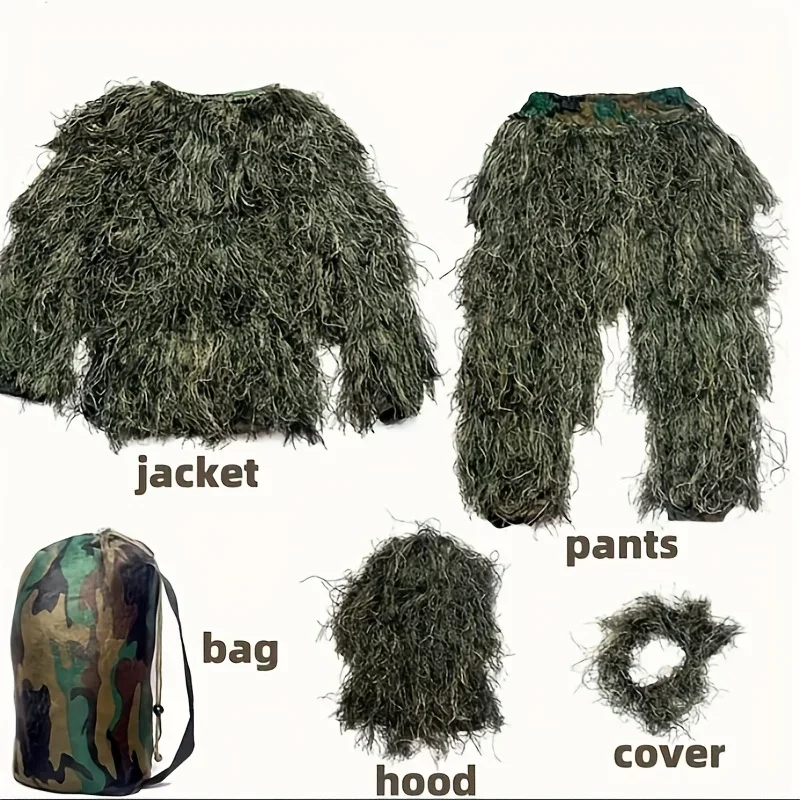 5-in-1 Camouflage Ghillie Suit Outdoor Hunting Suit Jungle Dry Grass Color Photography Bird Watching Cloth Adult and Kids