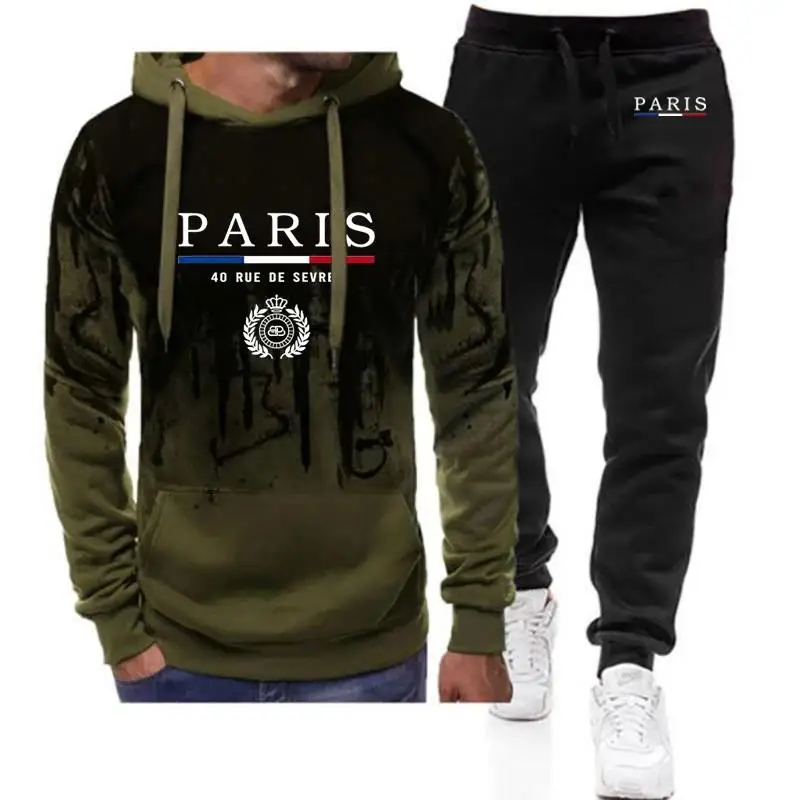 2024 Spring Autumn Men\'s PARIS Logo Print Hooded Tracksuit Casual Gradient Color Hoodies+Fashion Jogging Sweatpants Cotton Sets