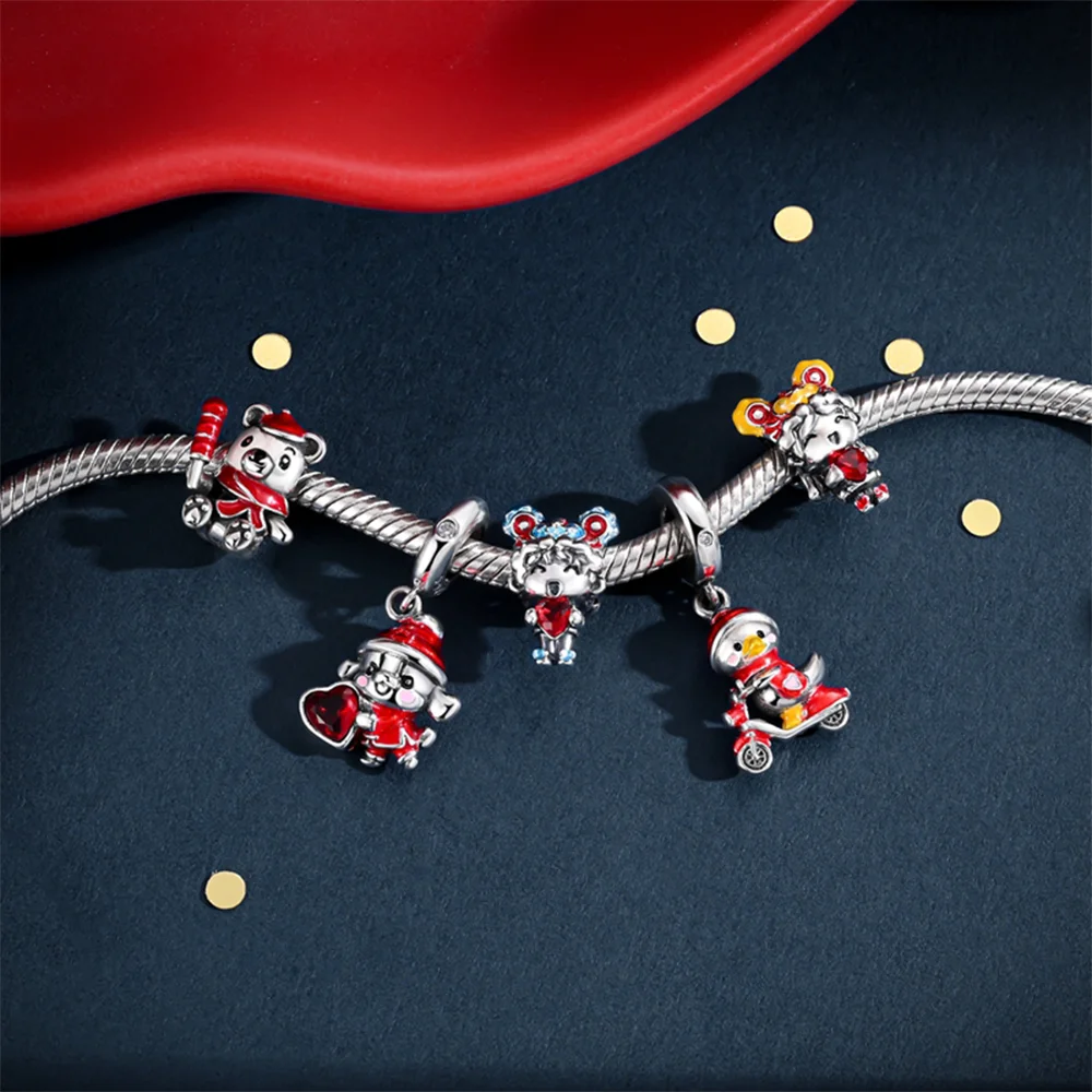 925 Silver Charms Happy New Year Boys Girls Red Dragon Maneki-neko Beads Fit Diy Original Bracelet Women Festival Jewelry Gifts