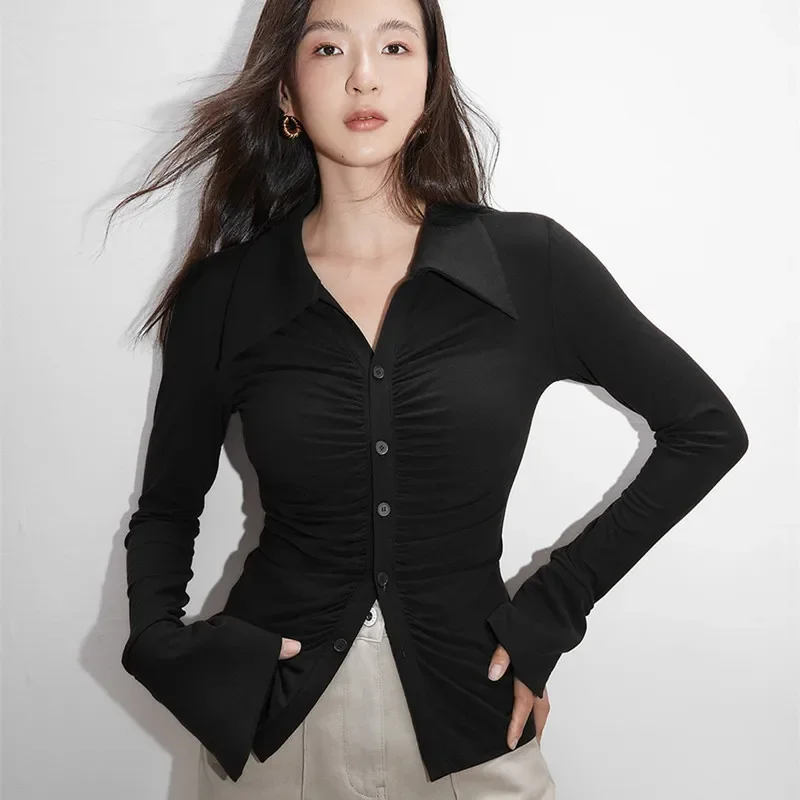 Slim Pleated Blouse Women Sexy Retro Solid Color Lapel Tops Vintage French Long Sleeved Design Sense Polo Collar Shirt