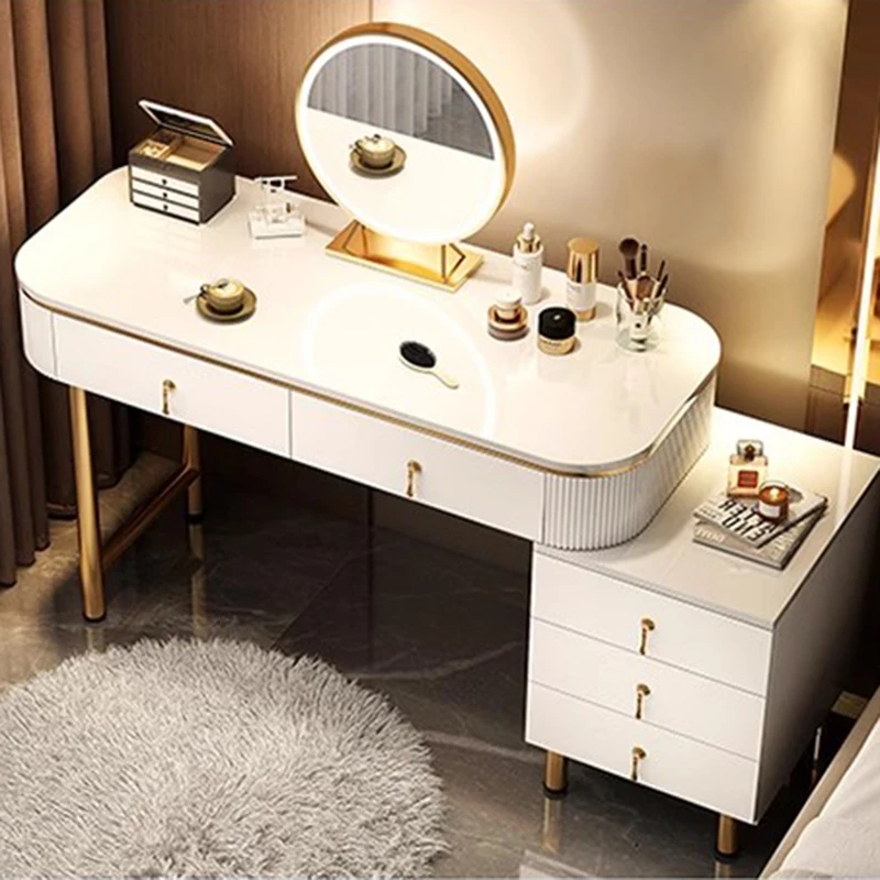 Luxury Women Vanity Table Bedroom Light Console Makeup Dressing Table Mirror Drawers Desk Organizer Penteadeira Home Furniture