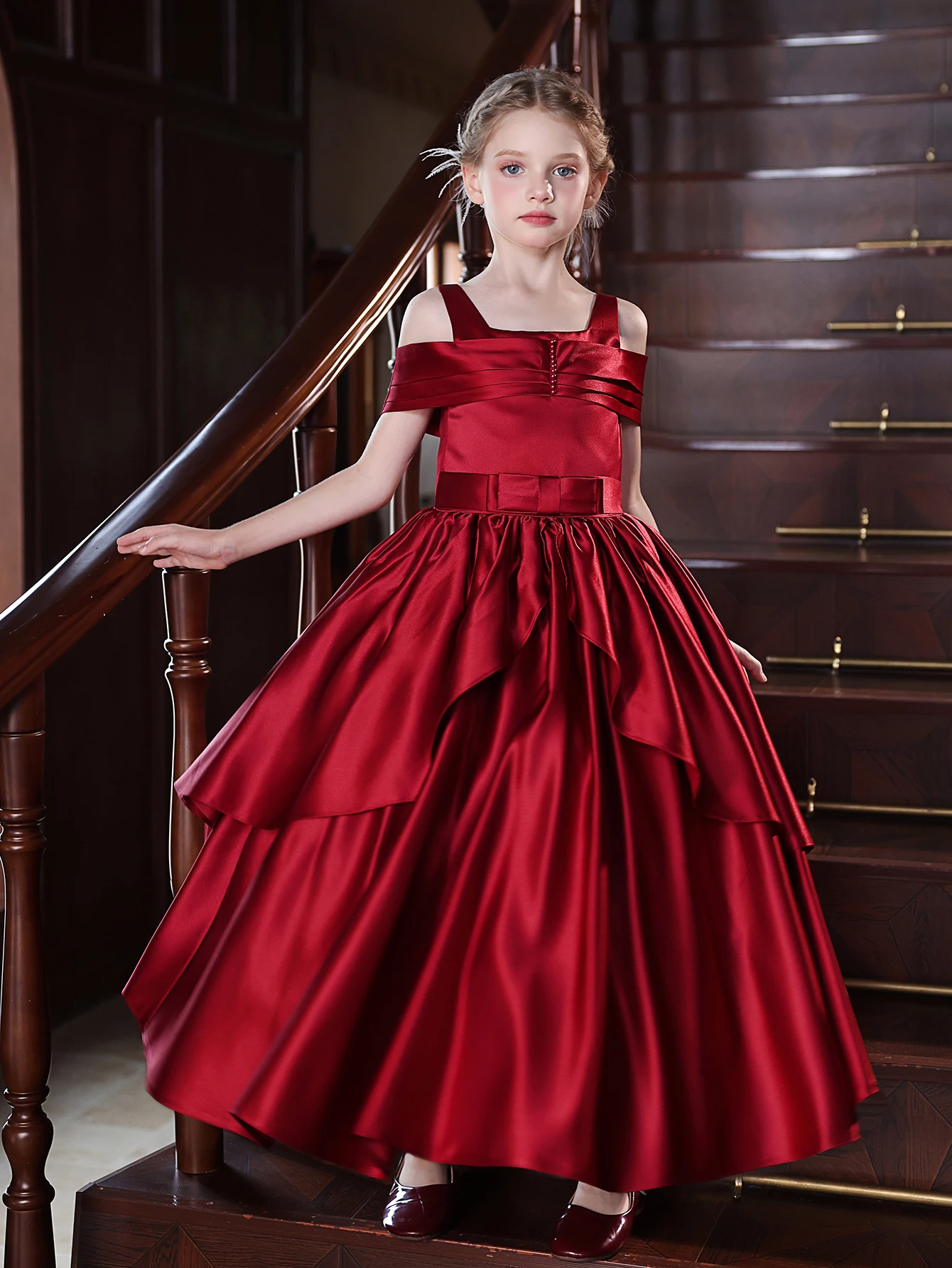 Vestido largo burdeos para niña con un hombro, adecuado para fiestas de cumpleaños infantiles, festivales, bodas, vestidos de baile