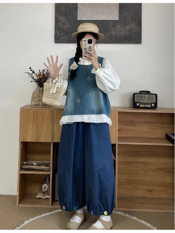 حجم كبير السراويل عالية الخصر واسعة الساق الخريف جديد Sle اللون الفني زر تصميم تنوعا التخسيس فانوس السراويل لون نقي