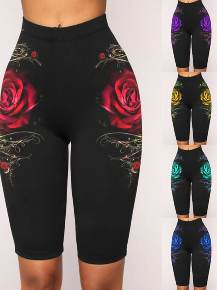 Pantalones cortos de Yoga con estampado de rosas para mujer, mallas ajustadas de cintura alta hasta la rodilla, informales, para entrenamiento físico