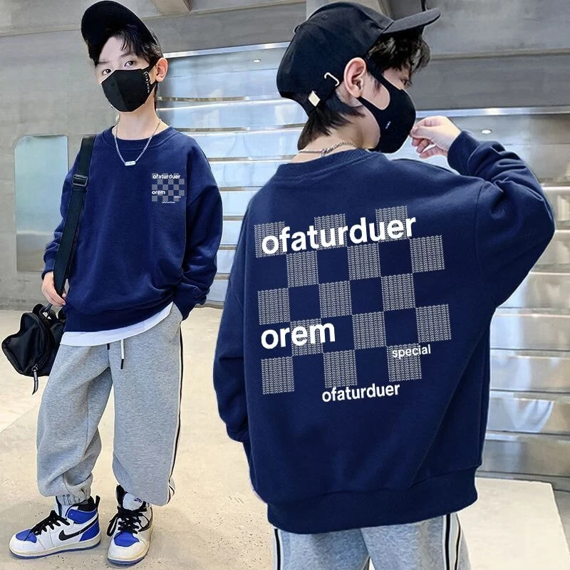 

2025 New 8-10 Years Old Boys' Trendy Loose Fit Fleece Lined Crewneck Sweatshirt - Autumn Spring Stylish Top