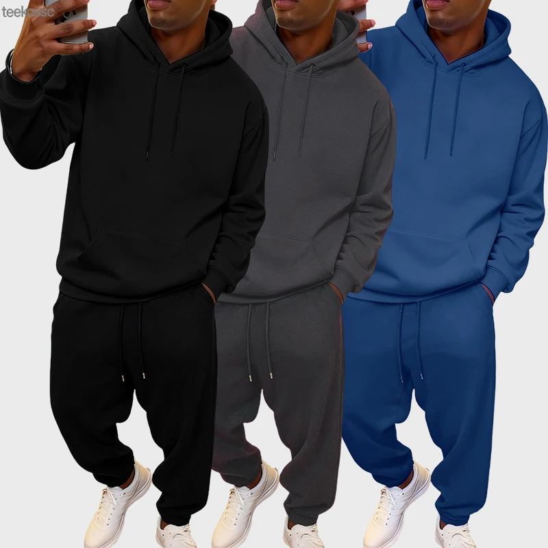

Solid Sports Men's Set Autumn Winter Hoody Long Pants Sets Fleece Jogging Sweatpant Basic Casual Sweatshirt Classic Warm Clothes