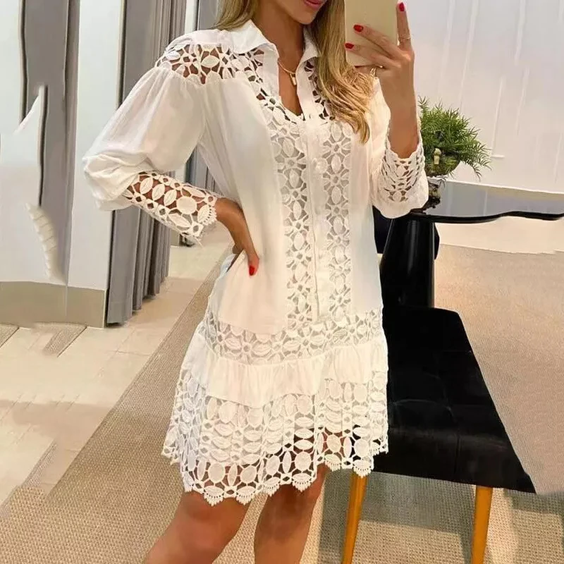 

Women's Lace Lace Long Sleeve Dress OL Work Bohemian Solid Color Lapel Shirt Mini Dress Elegant Dress Ladies Commuting Clothes