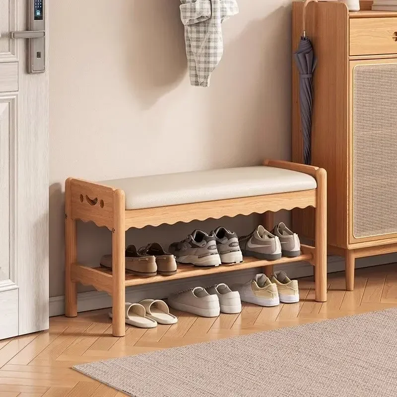 Solid Wood Doorstep Shoe Cabinet – Long Strip Bench for Entryway, Shoe Wearing Stool with Seating Function, Stylish Storage Furn