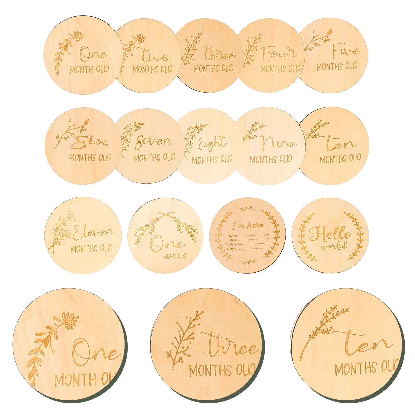 14Pcs Eco Friendly Wooden Baby Milestone Discs Monthly Growth Cards Natural Wood Photo Props for Infant First Year Photography