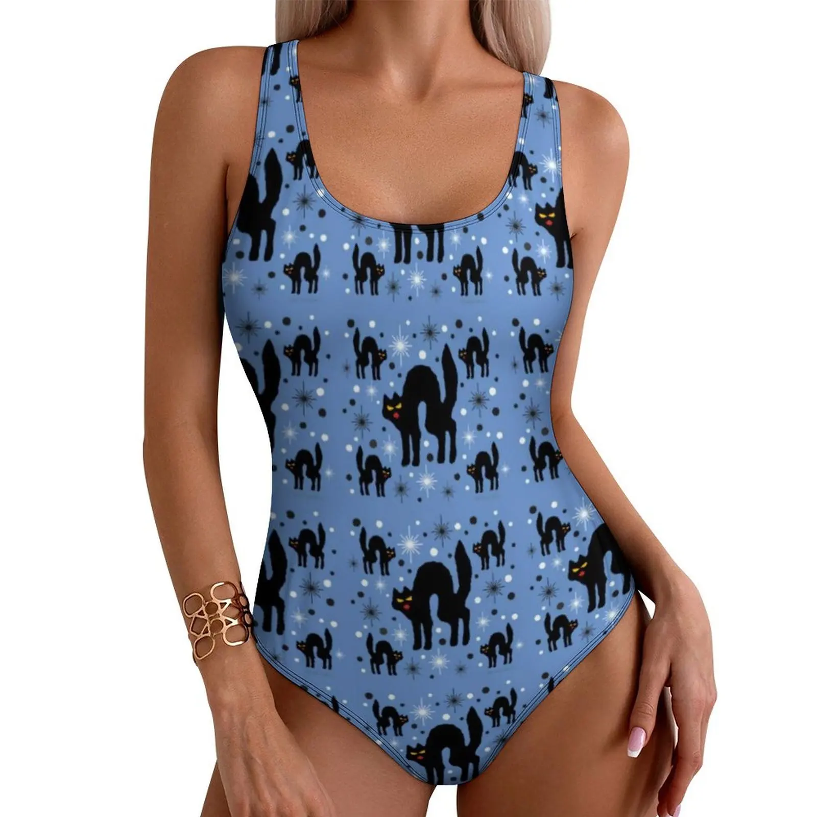 

Retro Black Cat Swimsuit Sexy Halloween Print One Piece Swimwear Push Up Swimsuits Modern Holiday Rave Monokini