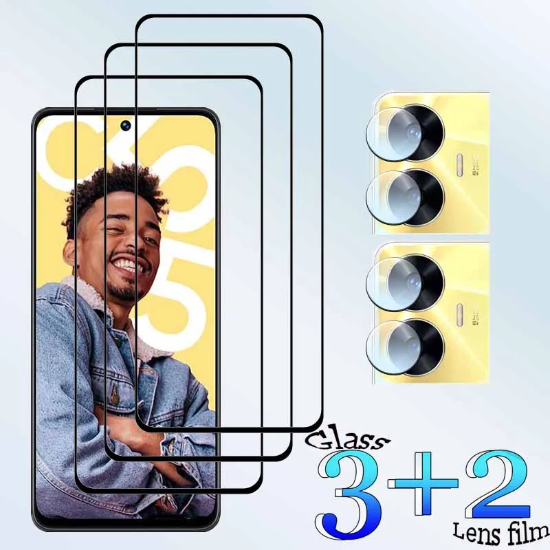 

3+2 For Realme C55 Tempered Glass Shockproof 9H Clearly Anti-Scratch Front Protector +Soft Camera lens film