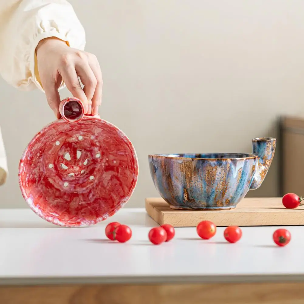 Ceramic Berry Washing Bowl with Drainage Holes, Multifunctional Fruit Colander Basin, Swirl Design Vegetable Rinsing Bowl