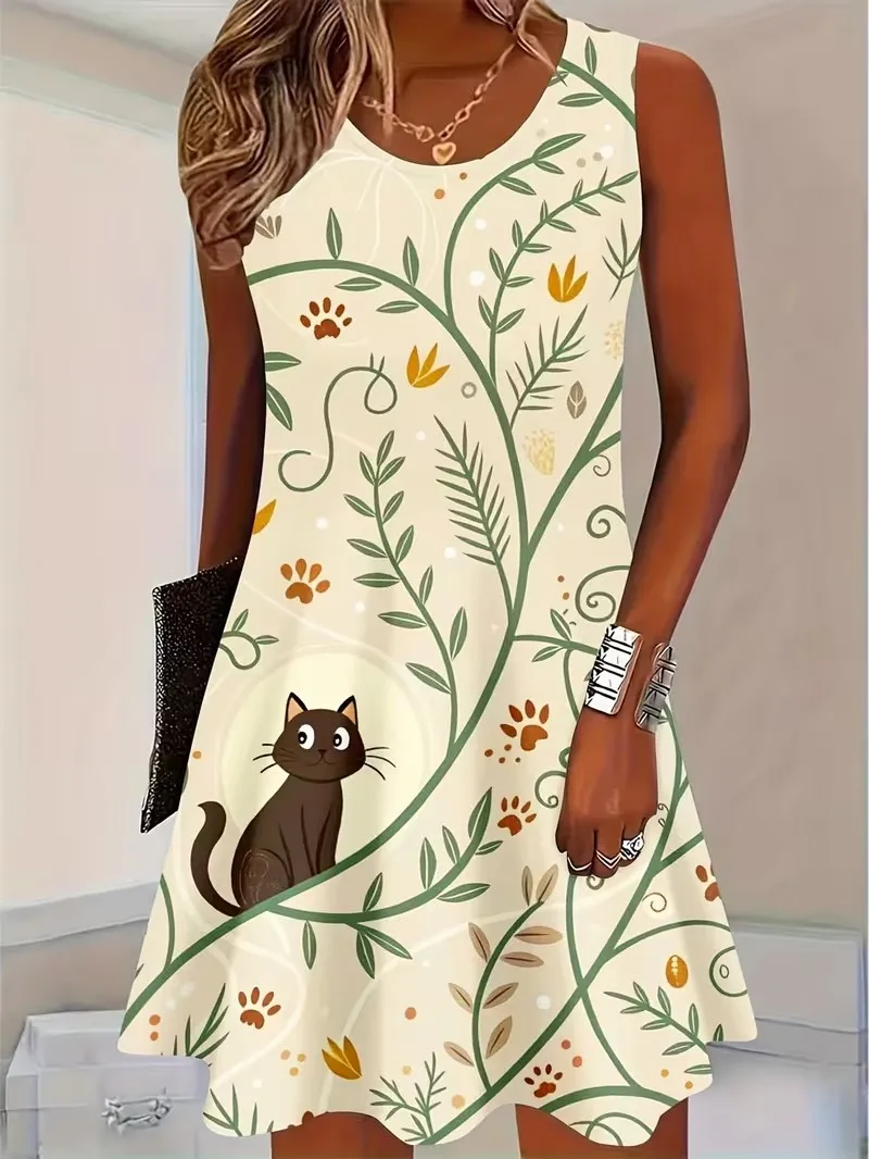 2026 Women's Dress Summer Fashion Abstract Cat Pattern Sleeveless Dress Loose Sundress Casual Floral 3D Print Plus Size Dress