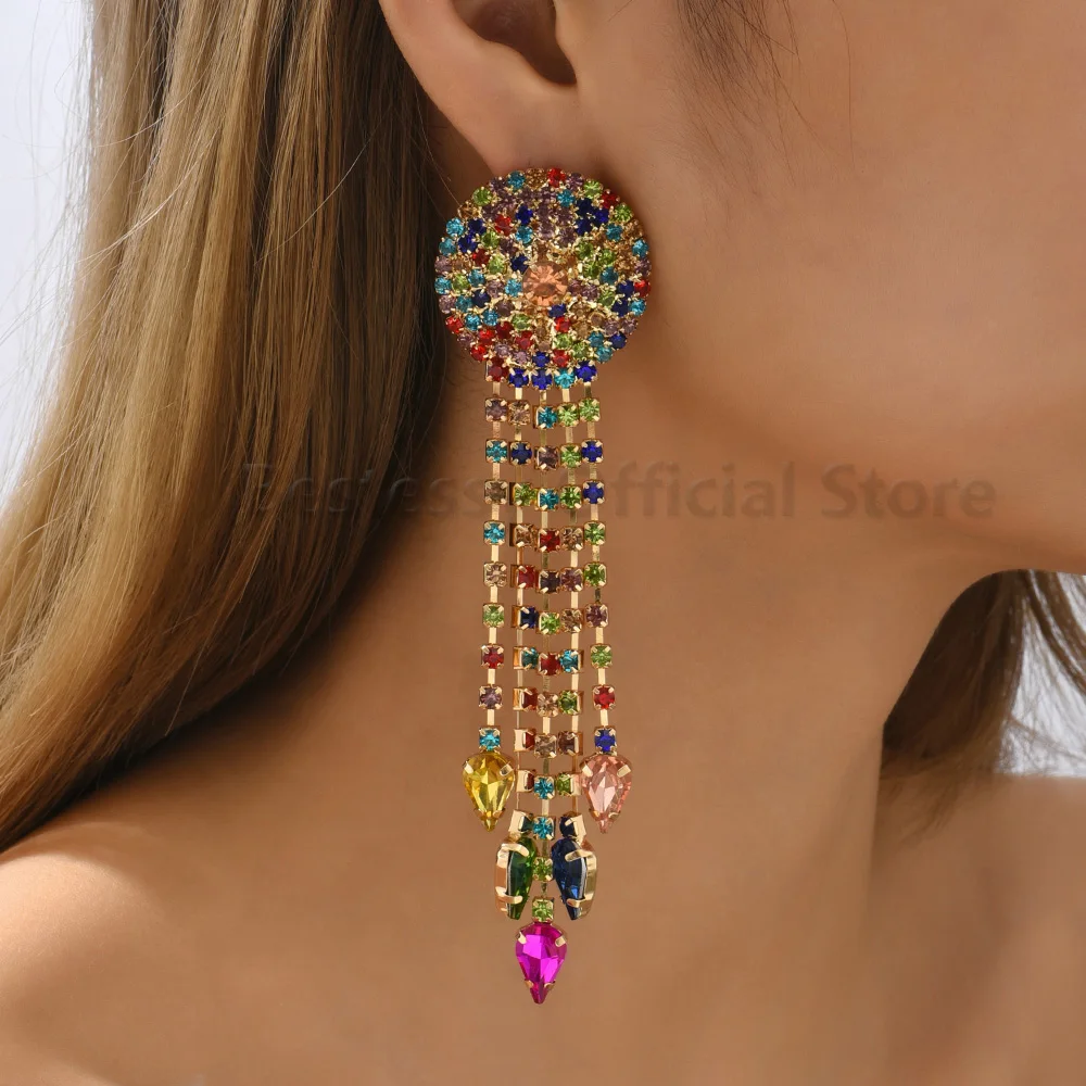 Shiny Rhinestone Tassel Earrings Women Fashion Boho Colorful Long Hanging Jewelry Luxury Evening Party Sexy Gifts Ohrringe Damen