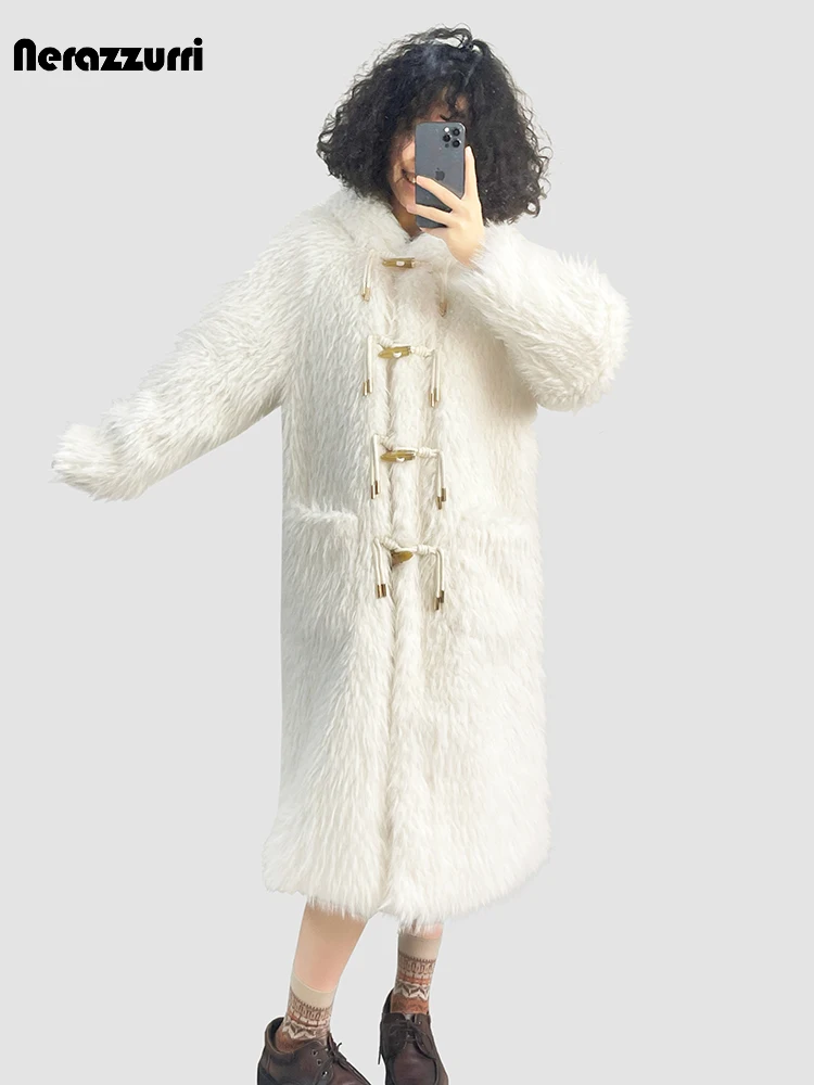 Nerazzurri Autumn Winter Long Shaggy Hairy Thick Warm Soft Faux Fur Coat Women with Horn Buttons Preppy Style Fluffy Jacket 2023