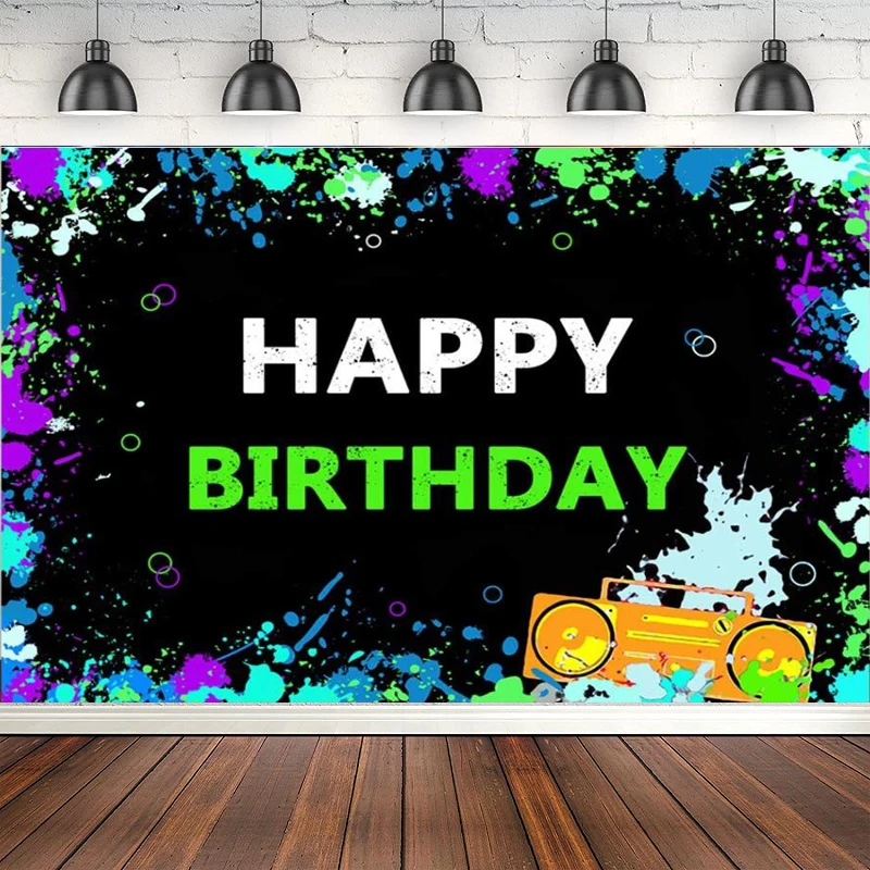 Glow Neon Backdrop In The Dark Disco Dance Hip Hop Happy Birthday Background Colorful Let's Glow Splatter Laser Ray Party Decor