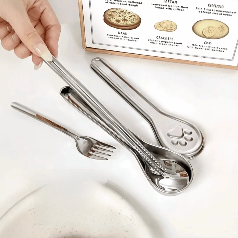 

With Cat Paw Box Travel Tableware Set Rust-proof Mildew-proof Chopsticks Spoon Set Non-slip Smooth Edges Curlty Set Student
