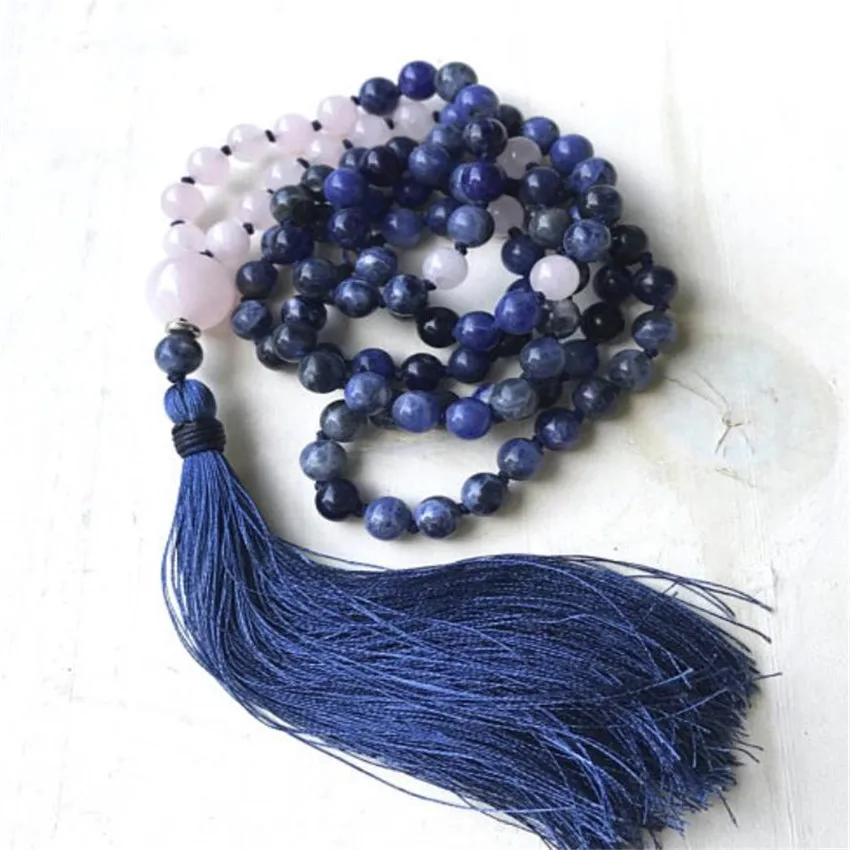 Crystal Gemstone Mala Necklace Tassel Opera Length Chakra Gift Relief Hipster Tranquility 6mm 108 Sodalite Pink Prayer