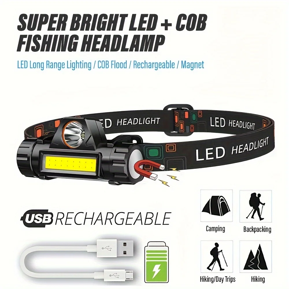 

COB LED Headlamp Torch Rechargeable Headwear Flashlight Outdoor Waterproof With Magnet Camping Fishing Mining Lantern Headlight