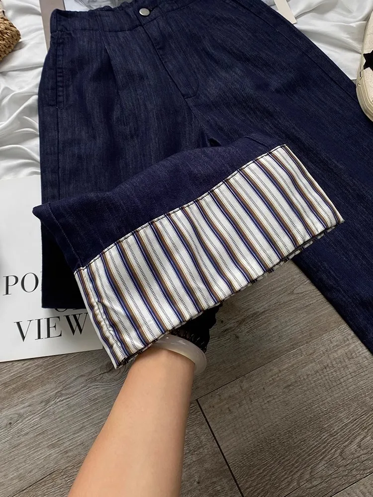 Pantalones vaqueros de pierna ancha de cintura alta para mujer, pantalón informal con cierre de cremallera, diseño de dobladillo a rayas de mezclilla azul, pantalones largos rectos adelgazantes