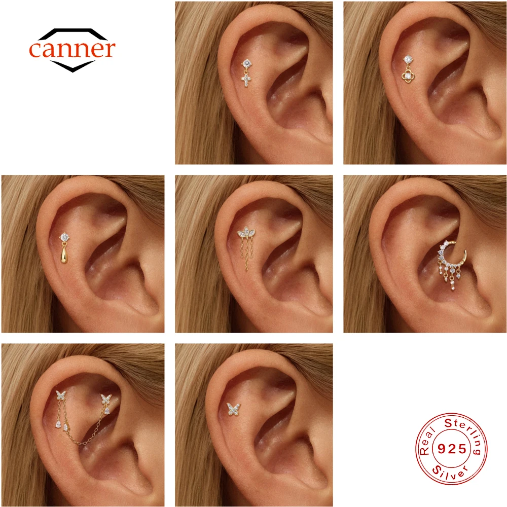 

CANNER 1PC 925 Sterling Silver Cross Zircon Flat Head Puncture Ear Bone Nail For Women Ins Geometric CZ Piercing Earring Jewelry