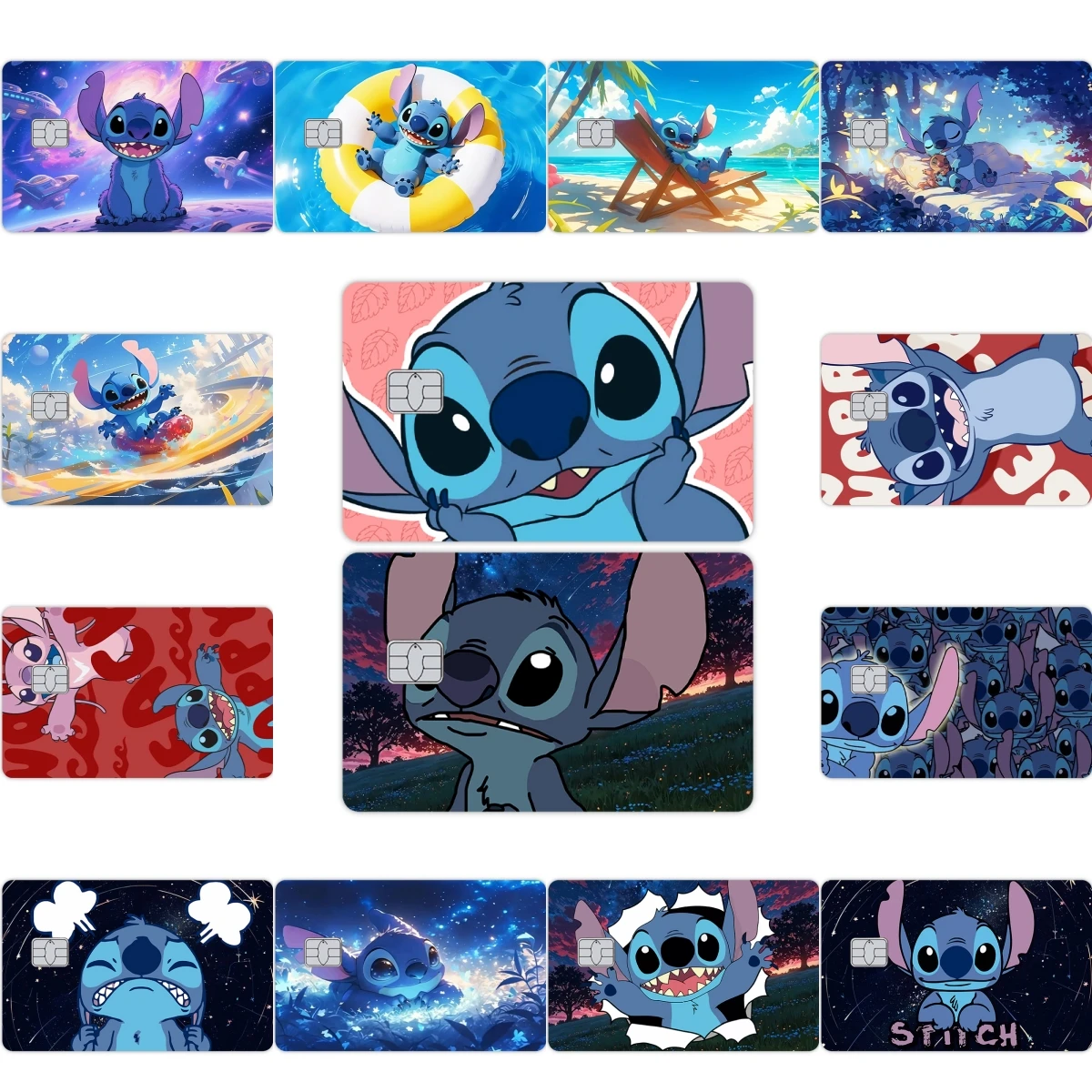 ملصقات غير لامعة لبطاقة الرسوم المتحركة Stitch Anime Diy للطلاب الكبيرة الصغيرة بدون رقاقة Kawaii غطاء جلدي لبطاقة الائتمان ديكور أمامي لبطاقة الخصم