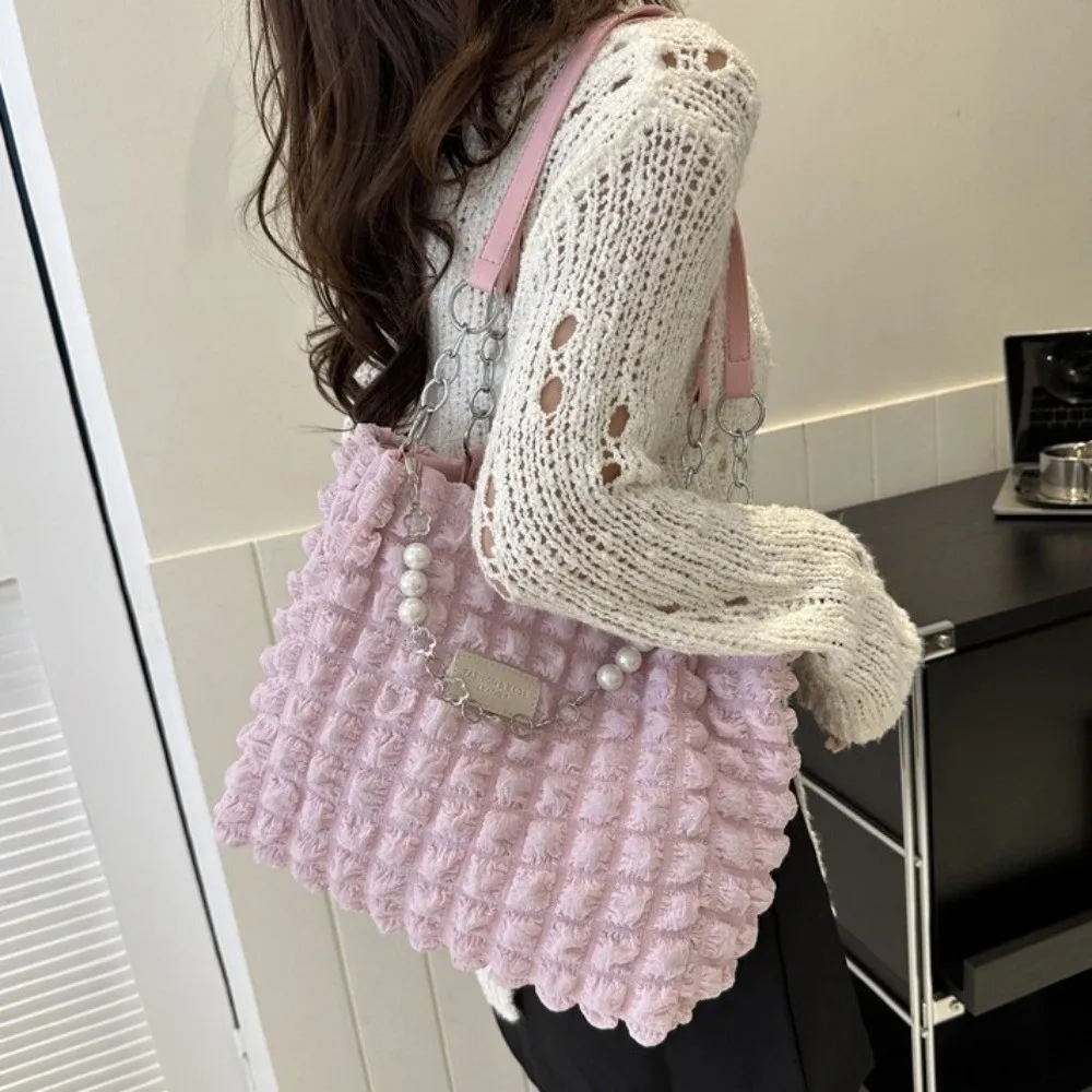 

Cute Beaded Pleated Tote Bag Korean Style Large Capacity Plaid Handbag Solid Color Chain Bubble Cloud Bag Banquet