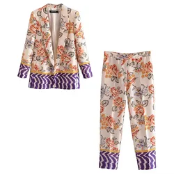 HH Women Vintage Floral Print Blazer Pant Suit Long Sleeve Suits Coat Slim Straight Trousers Female Fashion Streetwear Sets