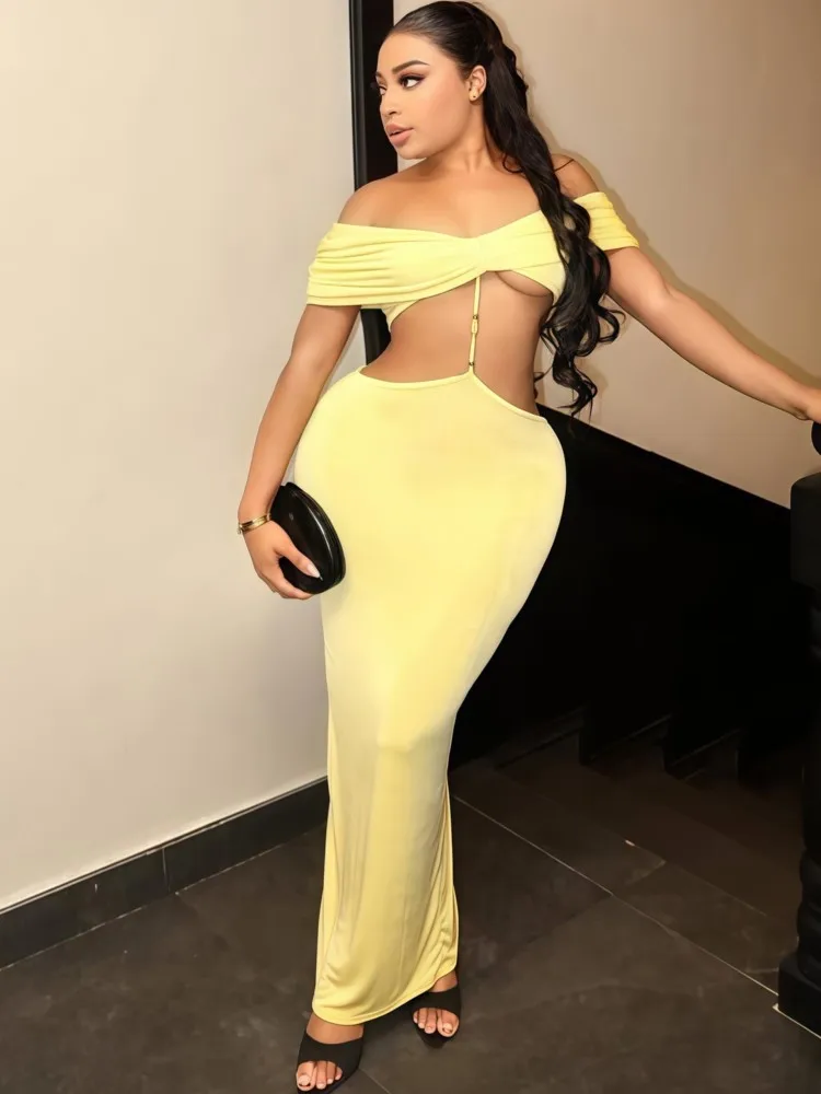 فستان بدون أكتاف للنساء خريفي بأكمام قصيرة بلون سادة فساتين مثيرة أنيقة للحفلات المسائية نحيفة قابلة للتمدد ماكسي Bodycon