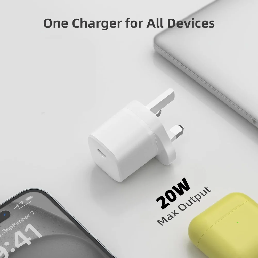 20W PD Fast Charger White Block USB-C Power Adapter Compact Wall Charger for Mobile Phone iPad Samsung Galaxy Pixel Charger