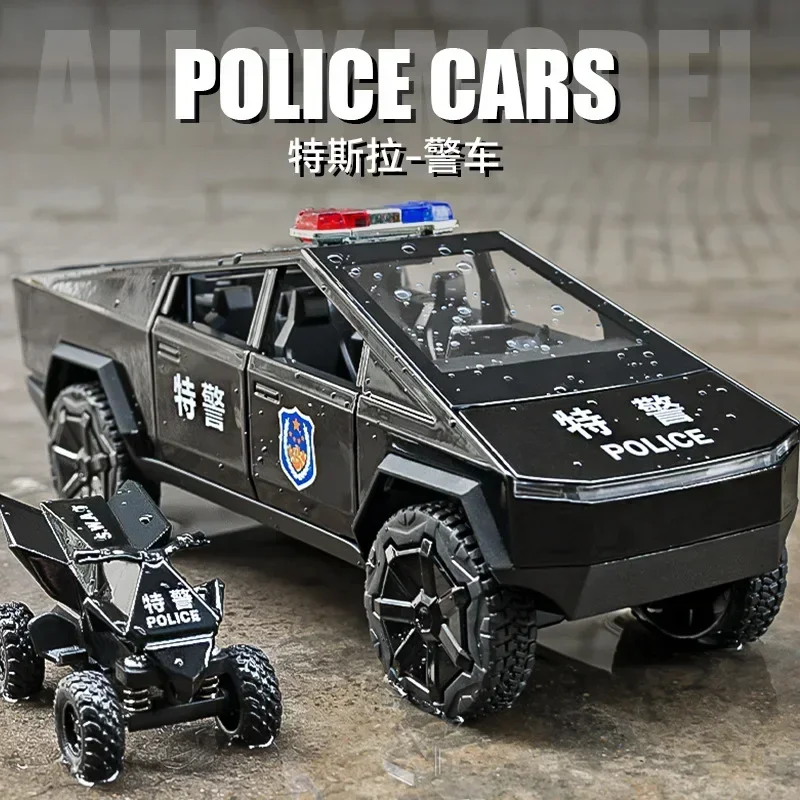 1:24 Tesla pickup police car High Simulation Diecast Metal Alloy Model car Sound Light Pull Back Collection Kids Toy Gifts