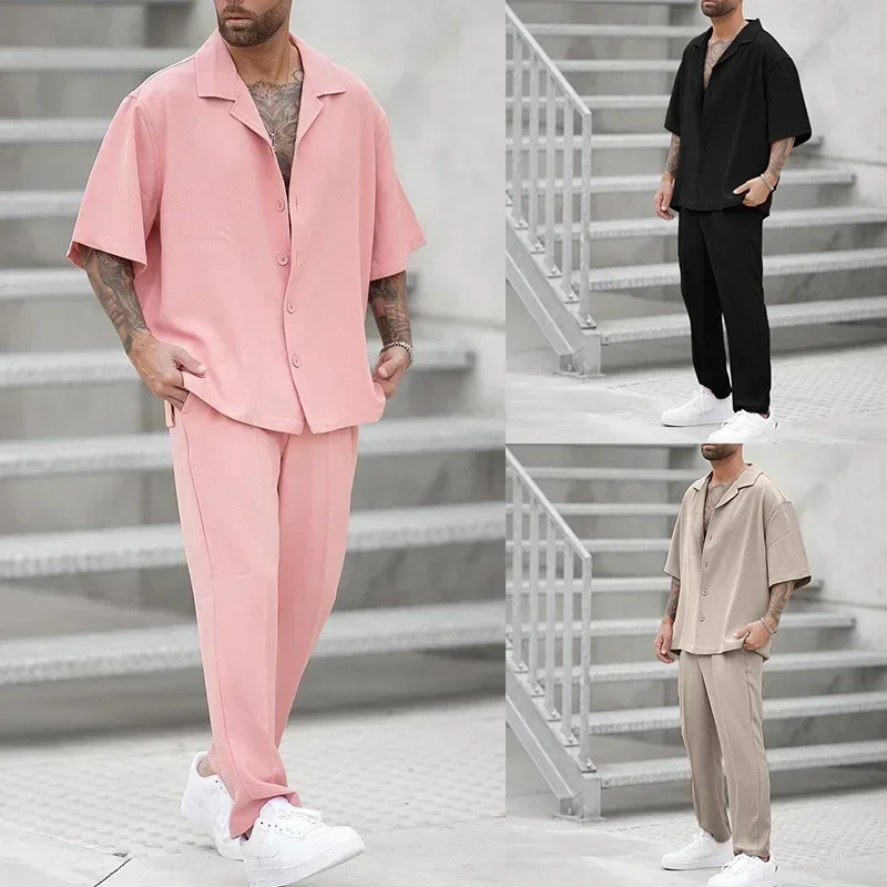 Summer Men's 2-Piece Clothing Set Casual Loose Lapel Button Shirt And Pants Solid Short Sleeve Leisure Outfit Suit