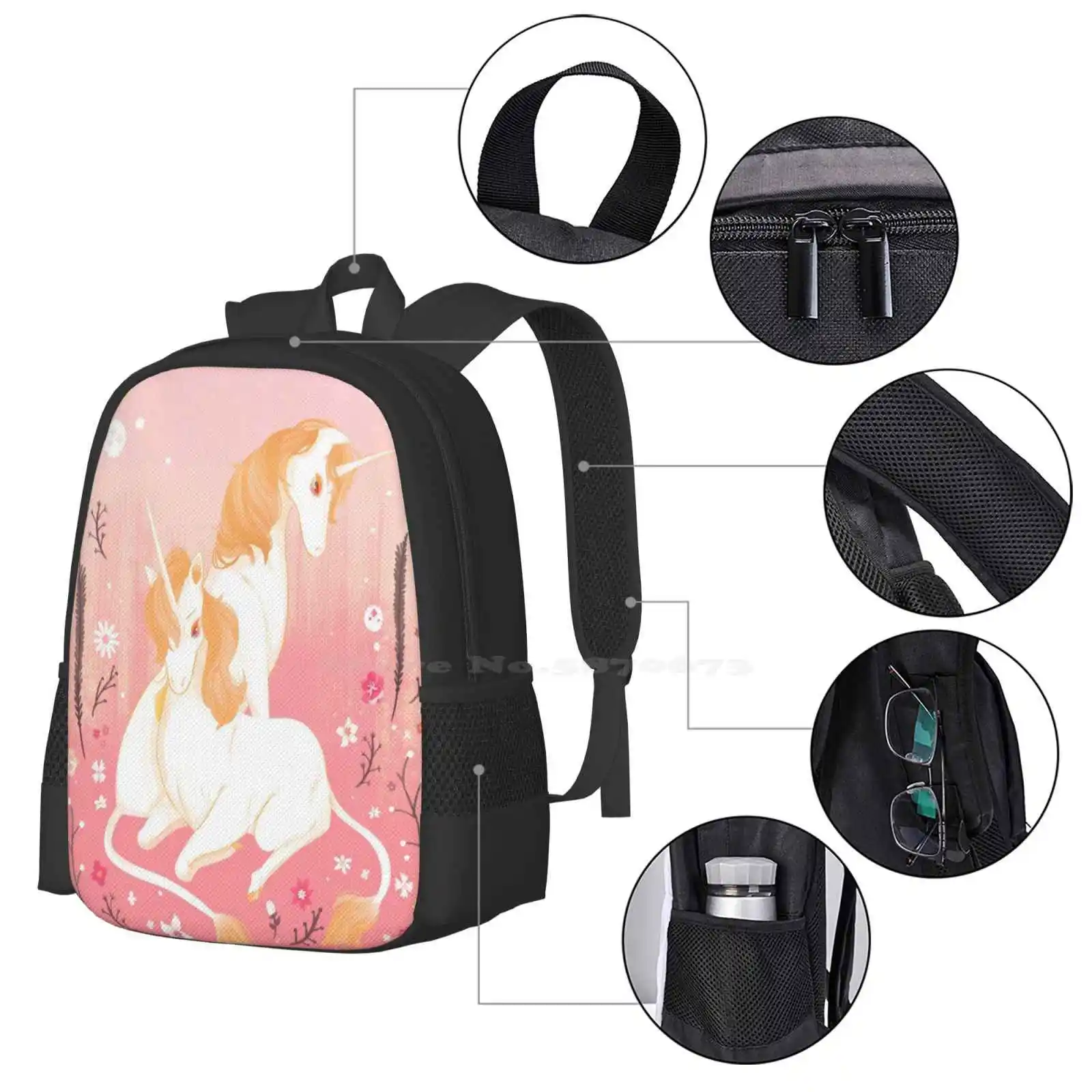 Unicorn Paradise Large Capacity School Backpack Laptop Bags Unicorn Pink Flowers Cute Painted