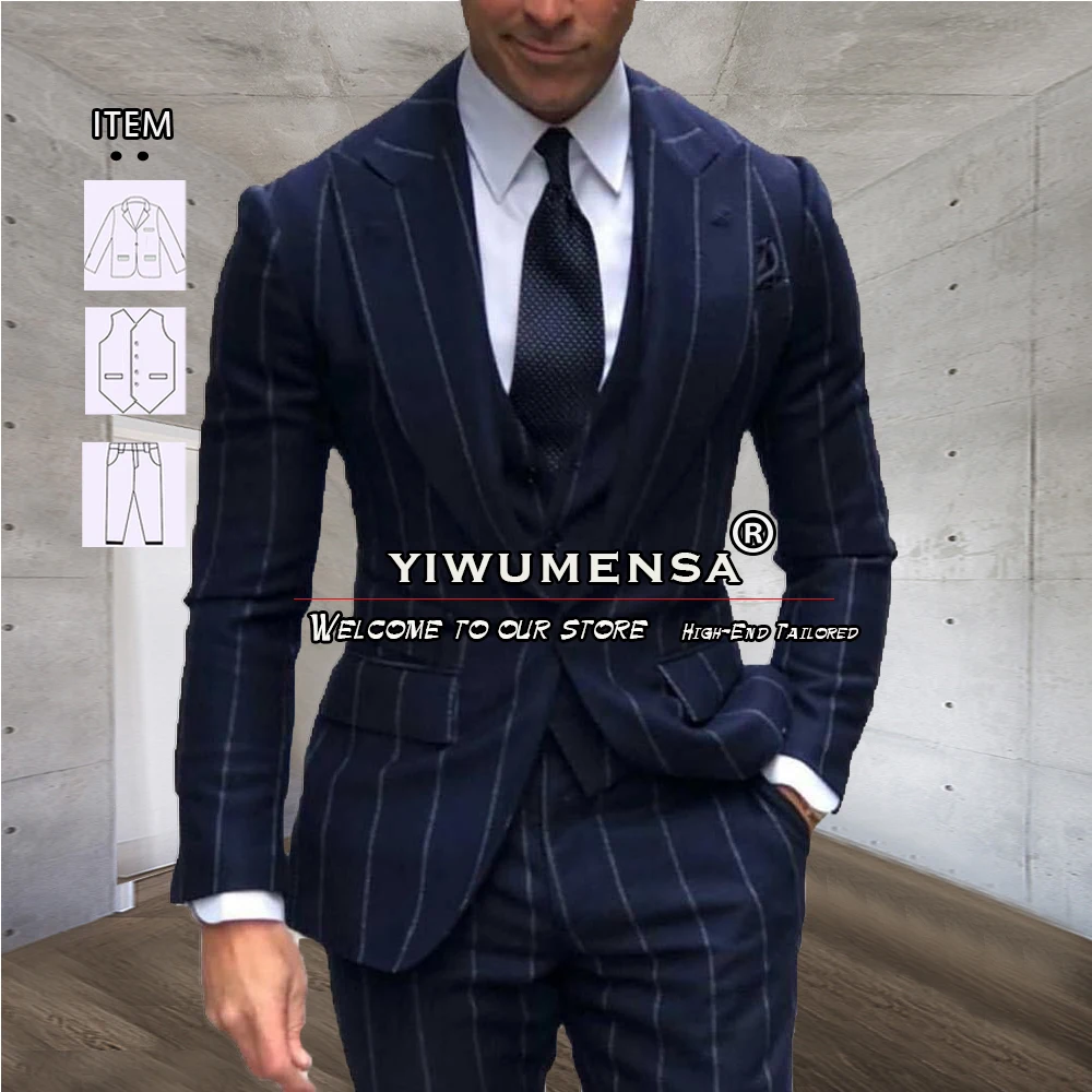 Navy Suits Men Fashion Stripes Blazer Pants Latest Design 2 Pieces Groom Wear Wedding Tuxedo Customized Business Office Wear